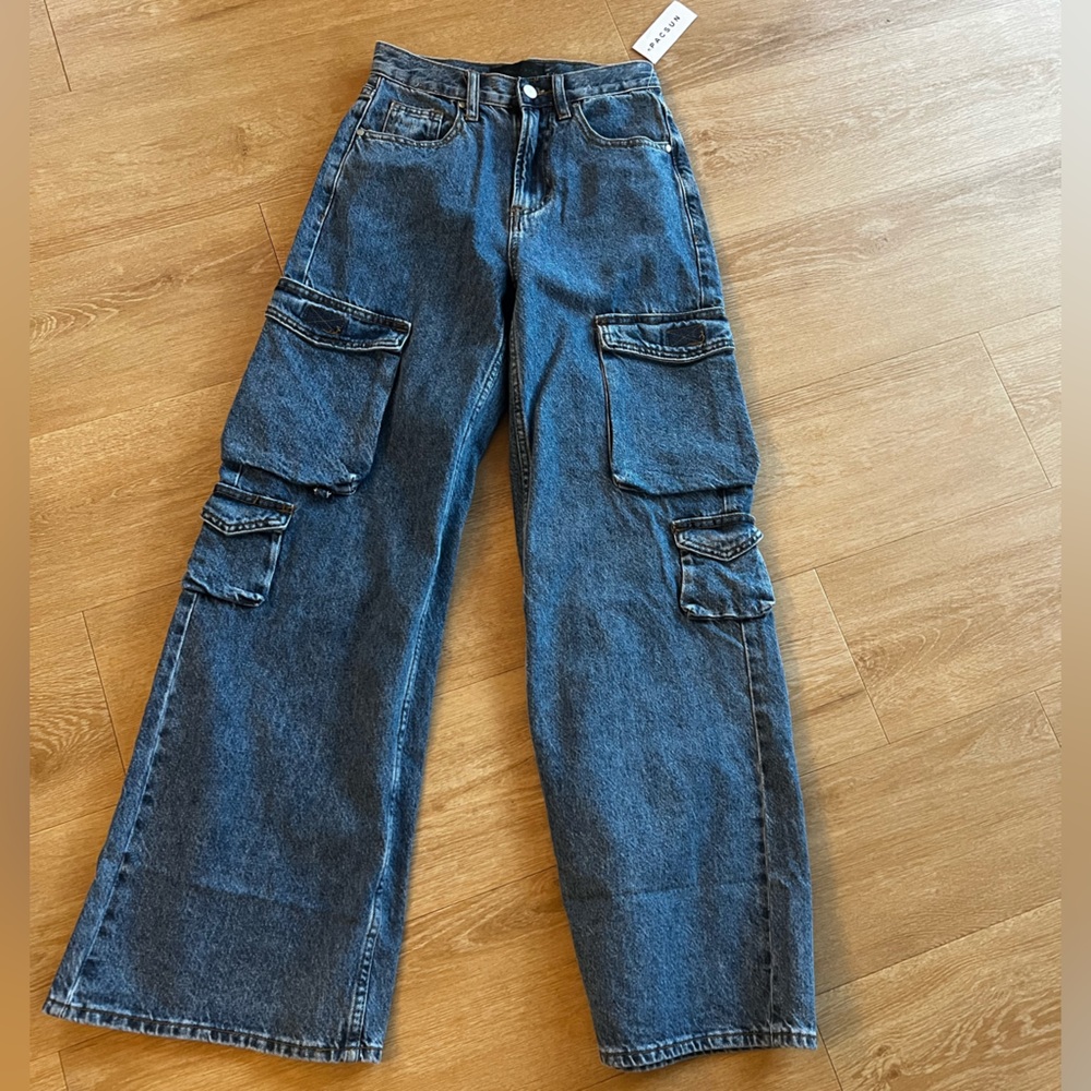 NWT Kendall & Kylie PacSun - Medium Indigo Wide Leg Cargo Denim Jean